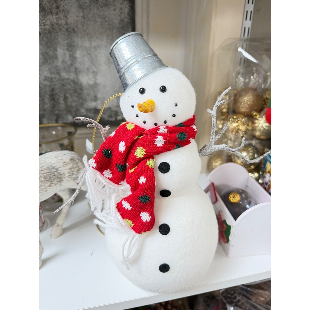 Christmas Snowman Figurine Red Knit Scarf Metal Bucket Hat Holiday Decor